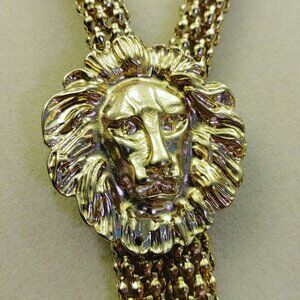 Lion Pendant Bolo Necklace Mesh Chain Vintage Gold Tone 24 Inch 5 Inch Tassels